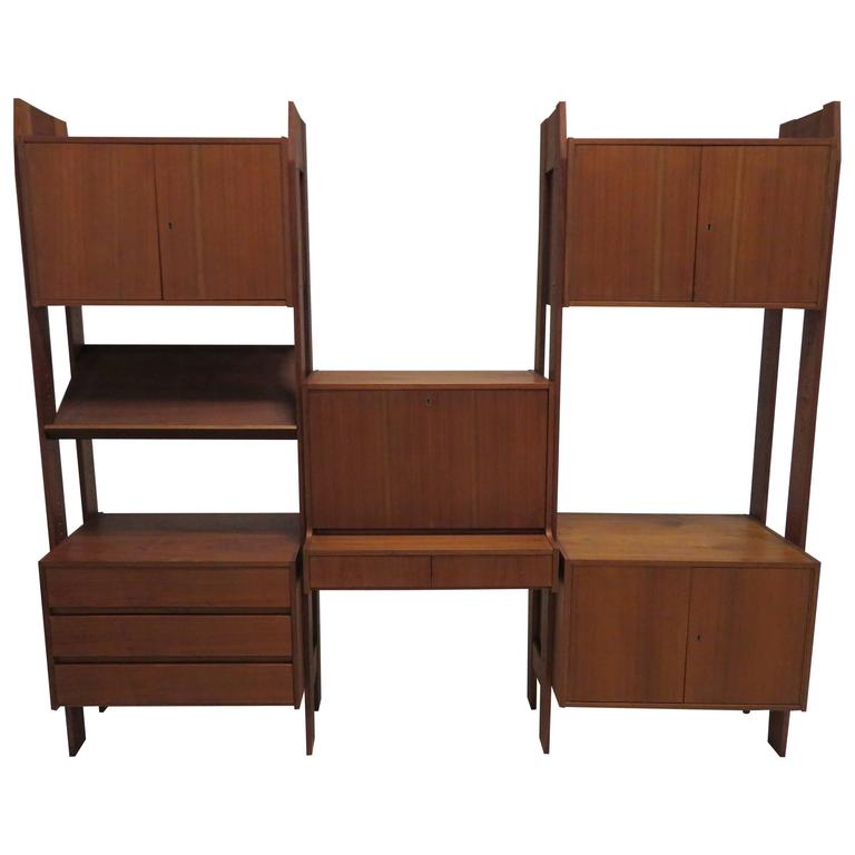 Wonderful Danish Modern Three Bay Teak Wall Unit Mid Century Two Sided Wonderful Danish Modern Three Bay Teak Wall Unit Mid Century Two Sided