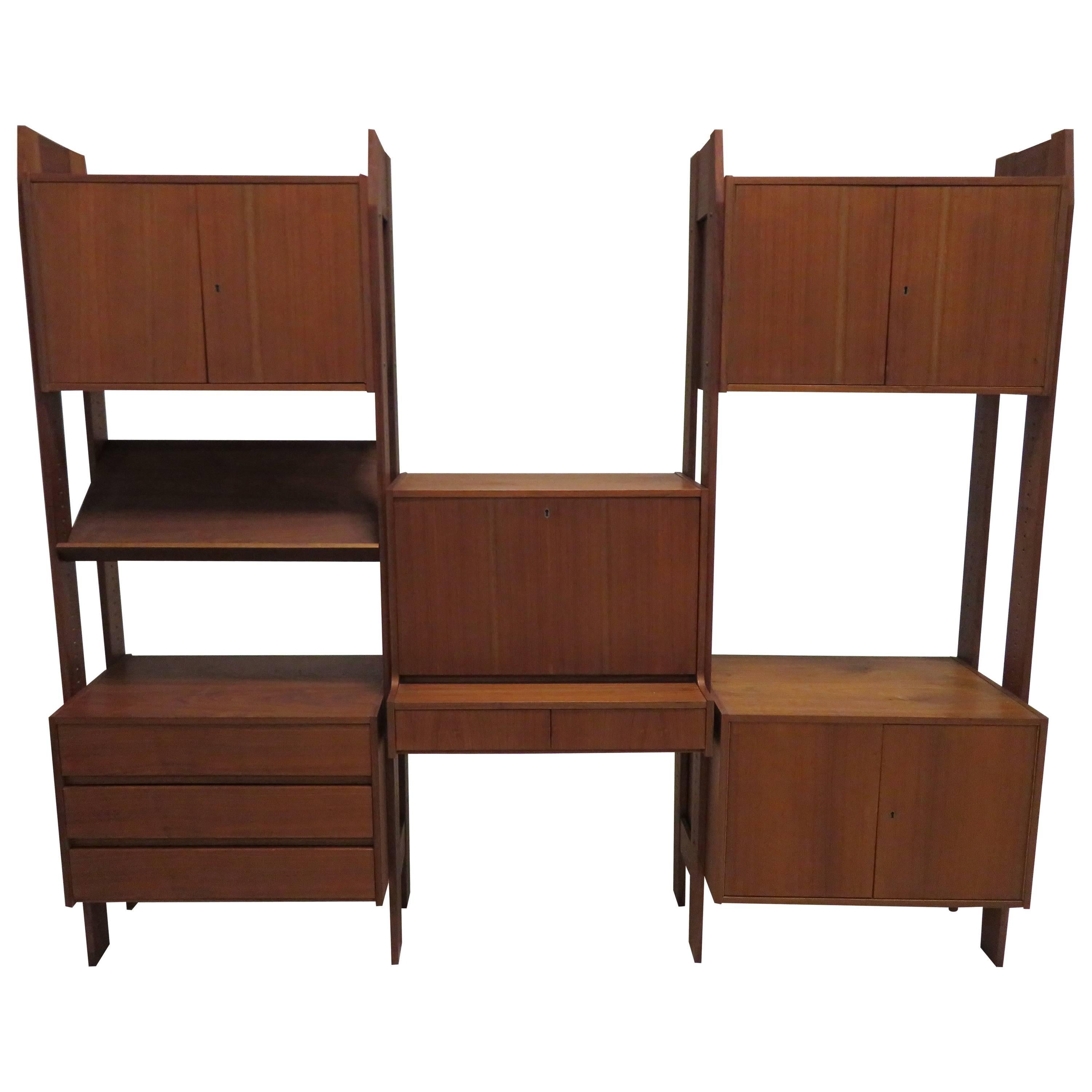 Wonderful Danish Modern Three-Bay Teak Wall Unit Mid-Century Two-Sided