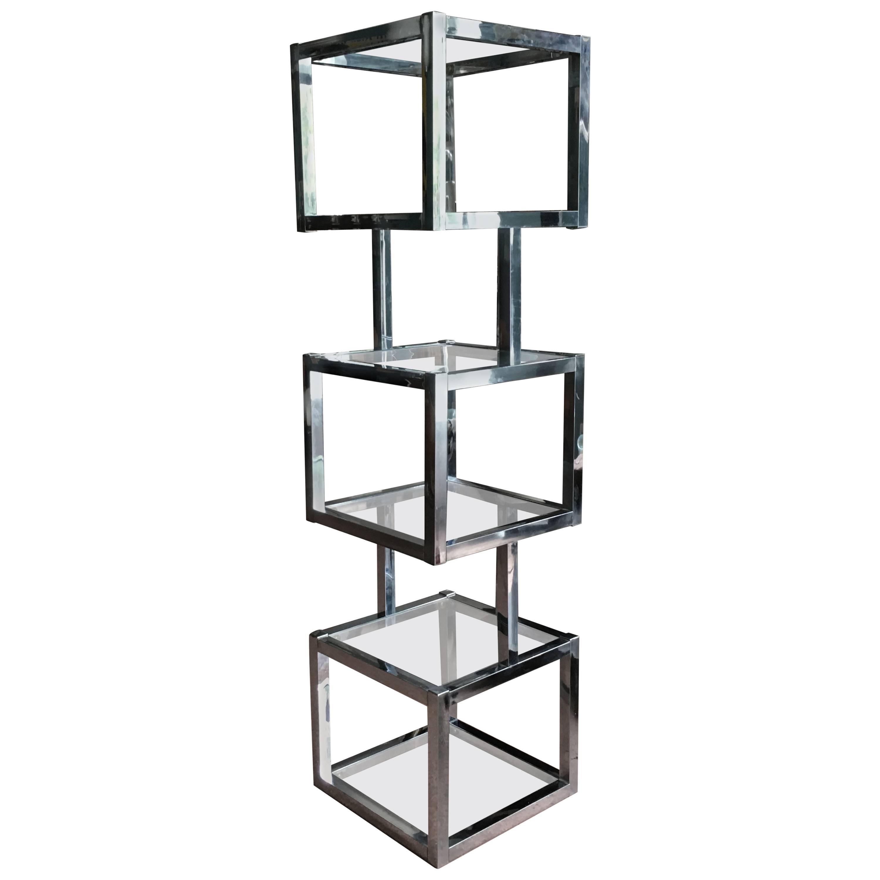 Milo Baughman Style Cube Chrome Etagere with Glass Shelves