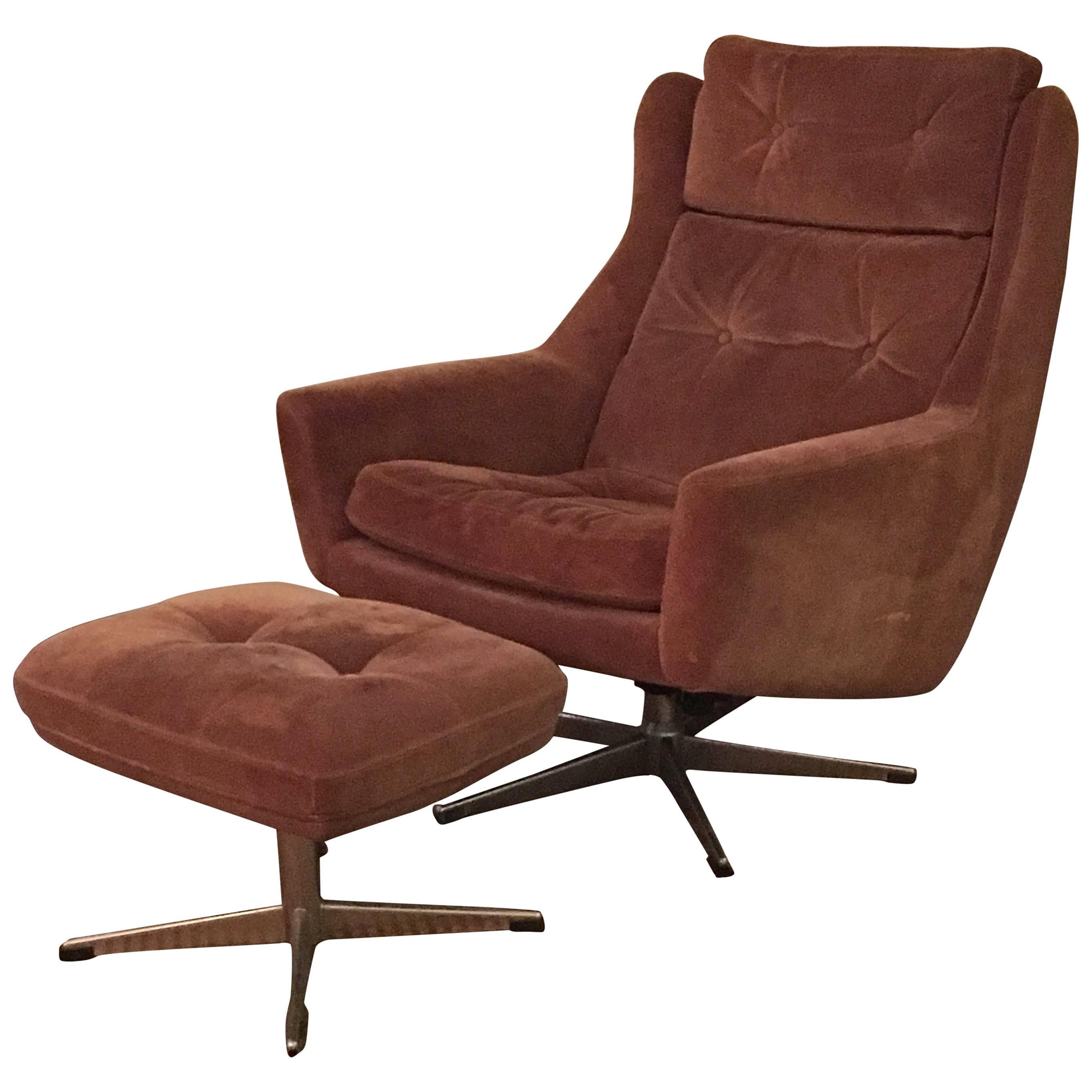 Scandinavian Modern Reclining Swivel Suede Lounge Chair & Ottoman by John Stuart