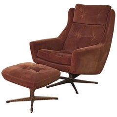 Scandinavian Modern Reclining Swivel Suede Lounge Chair & Ottoman by John Stuart
