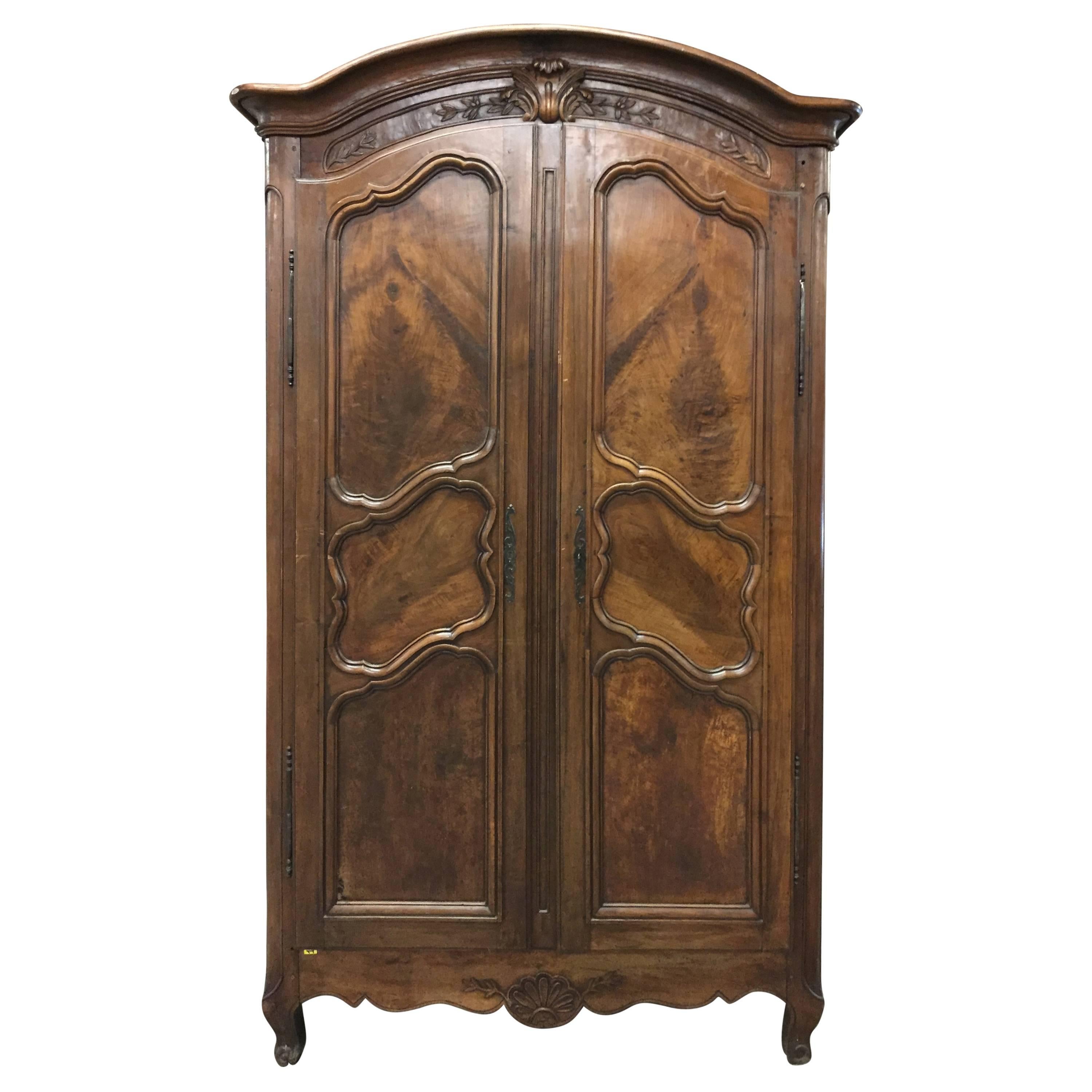 19th Century Country French Louis XV Carved Walnut Armoire