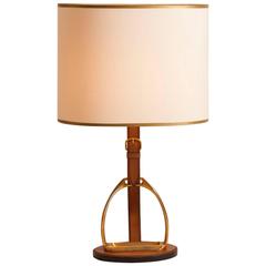 Stamped French Leather and Brass Equestrian Lamp by Longchamp
