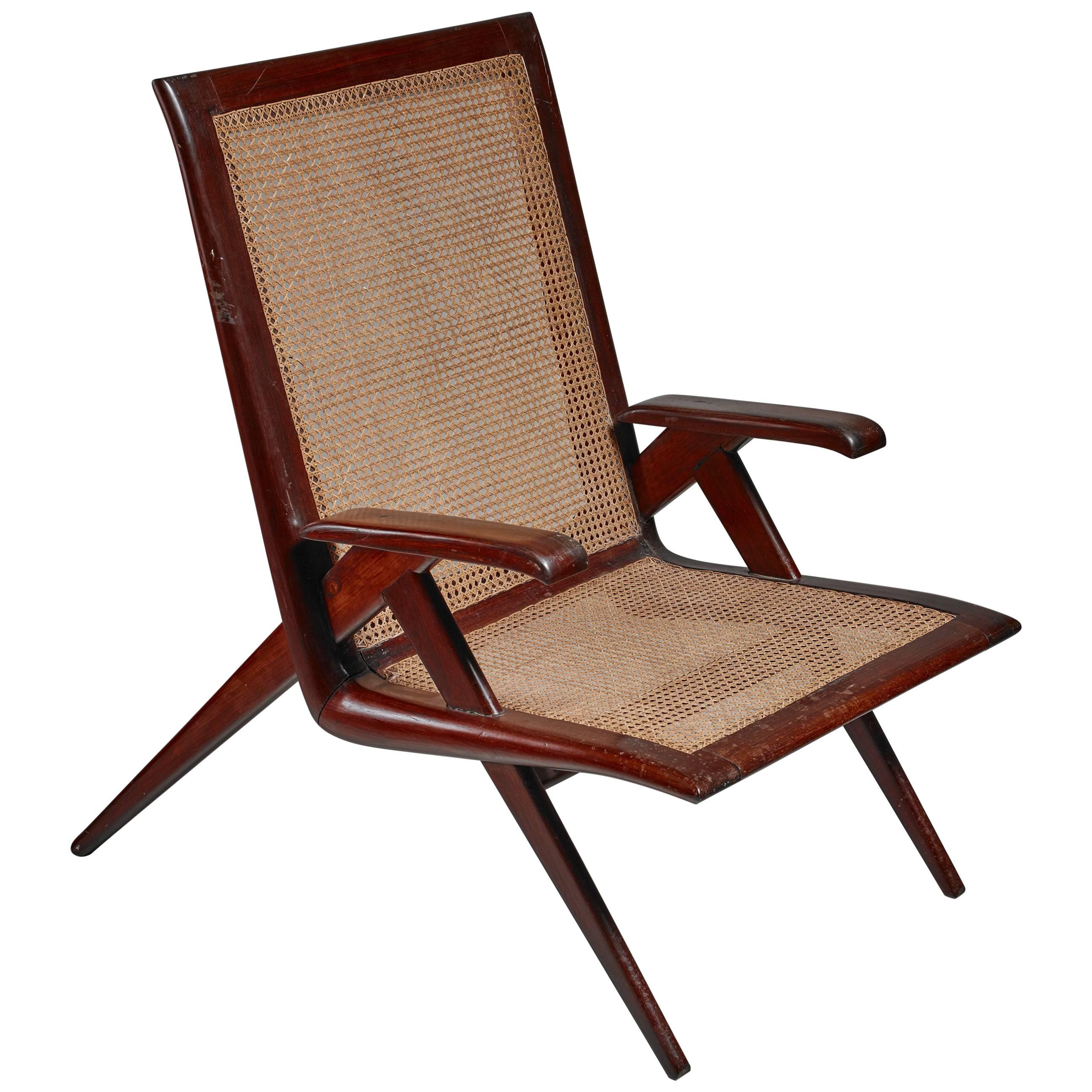 Brazilian Wooden Armchair with Woven Cane Seating, 1950s For Sale