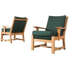Pair of Solid Oak Lounge Chairs with Green Fabric Upholstery 10