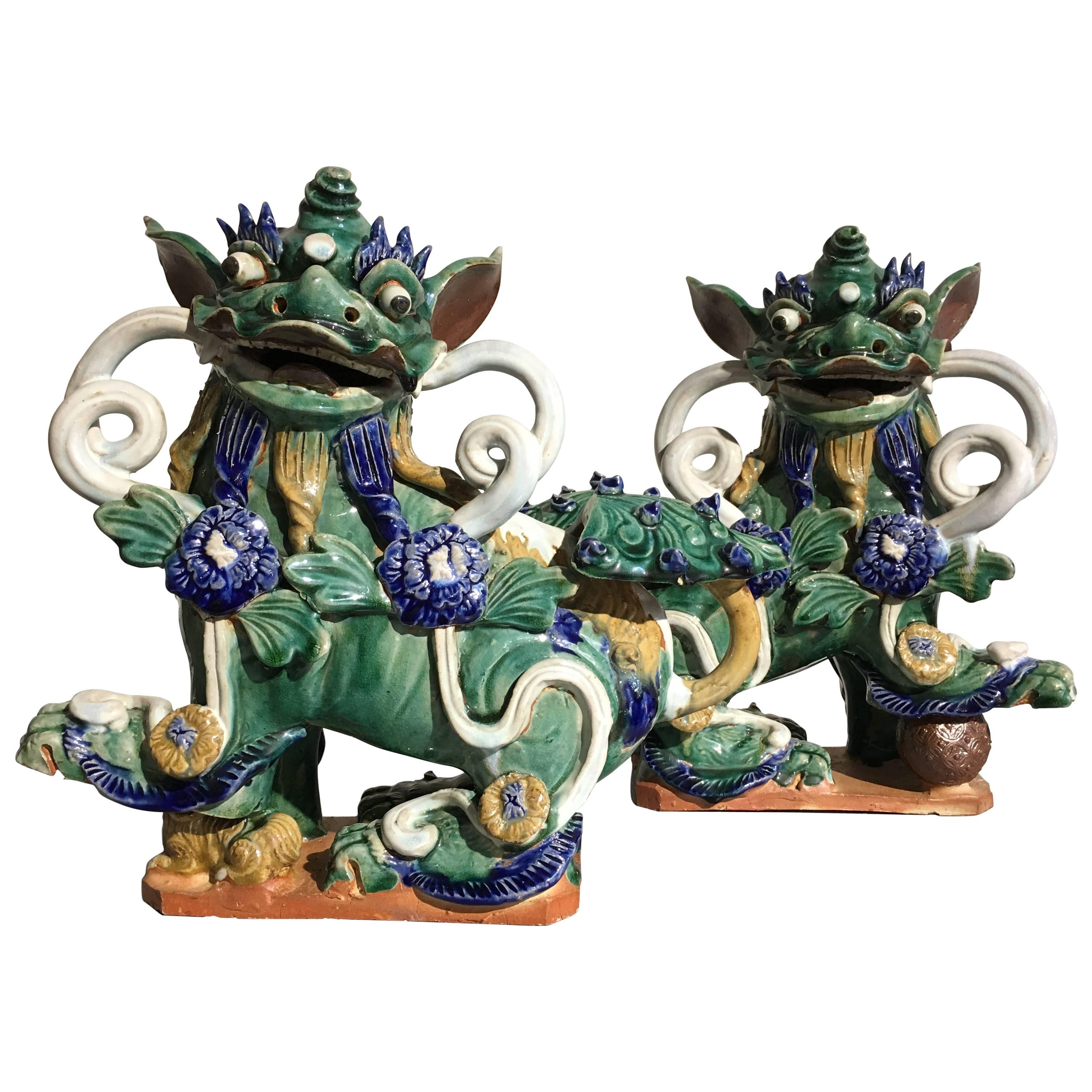 Pair of Chinese Glazed Pottery Foo Dogs