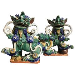 Vintage Pair of Chinese Glazed Pottery Foo Dogs