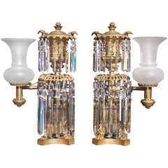 Antique Pair of American Gilt Bronze & Crystal Argand Lamps, J. B. Wilbor, NY, C. 1820