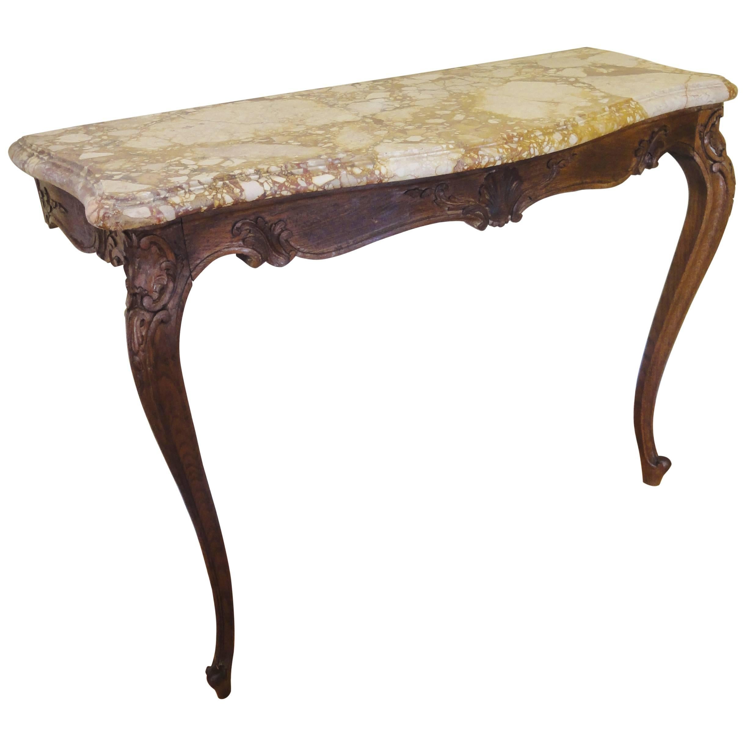 Antique French Oak Console Hall Table with Marble Top