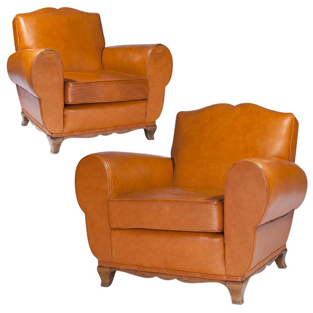 Pair of Leather Mustache French Club Chairs, 1950s For Sale