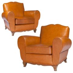 Pair of Leather Mustache French Club Chairs, 1950s