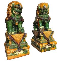 Retro Pair of Chinese Sancai Glazed Foo Lions