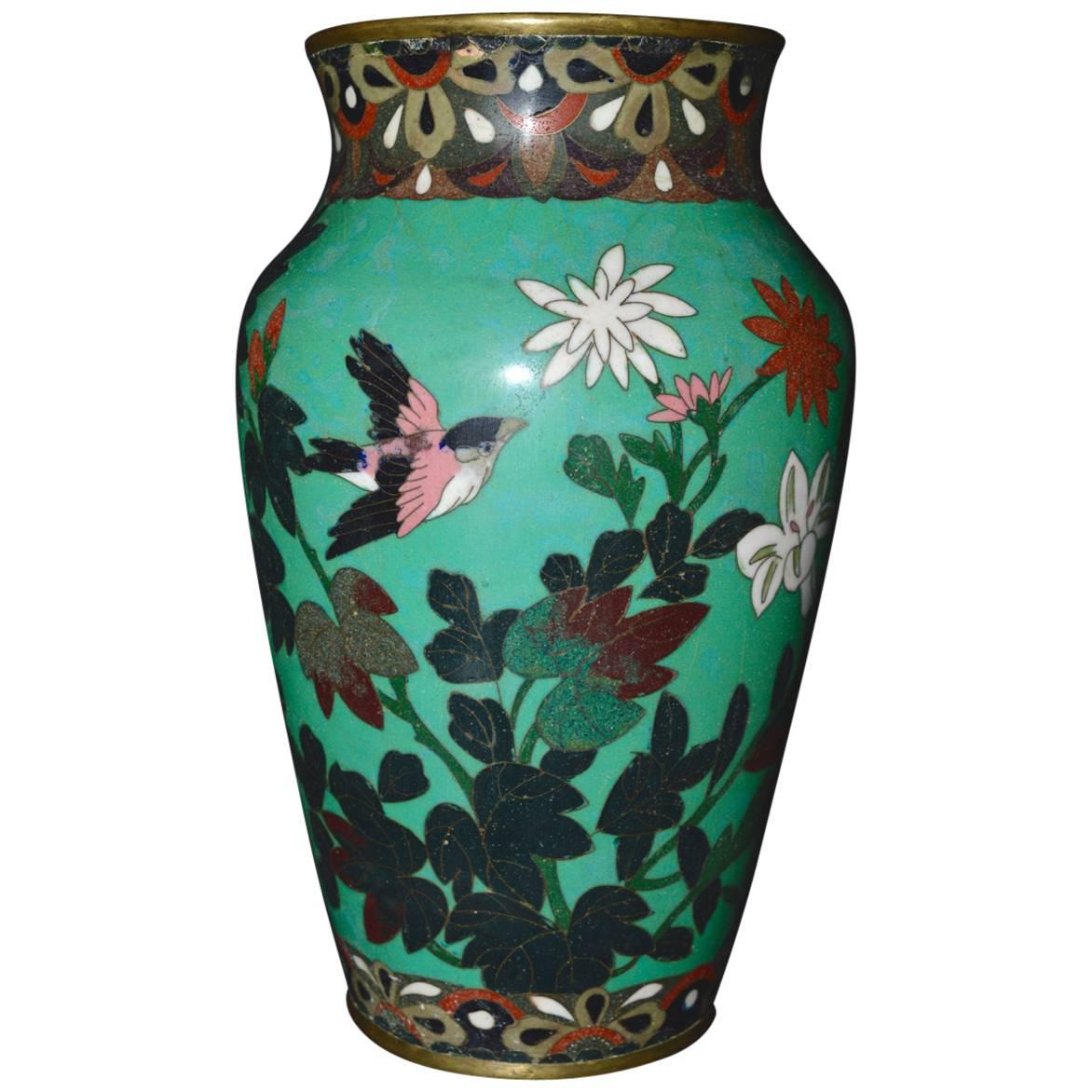 Antique Meiji Period Japanese Green Cloisonné Vase For Sale at 1stDibs