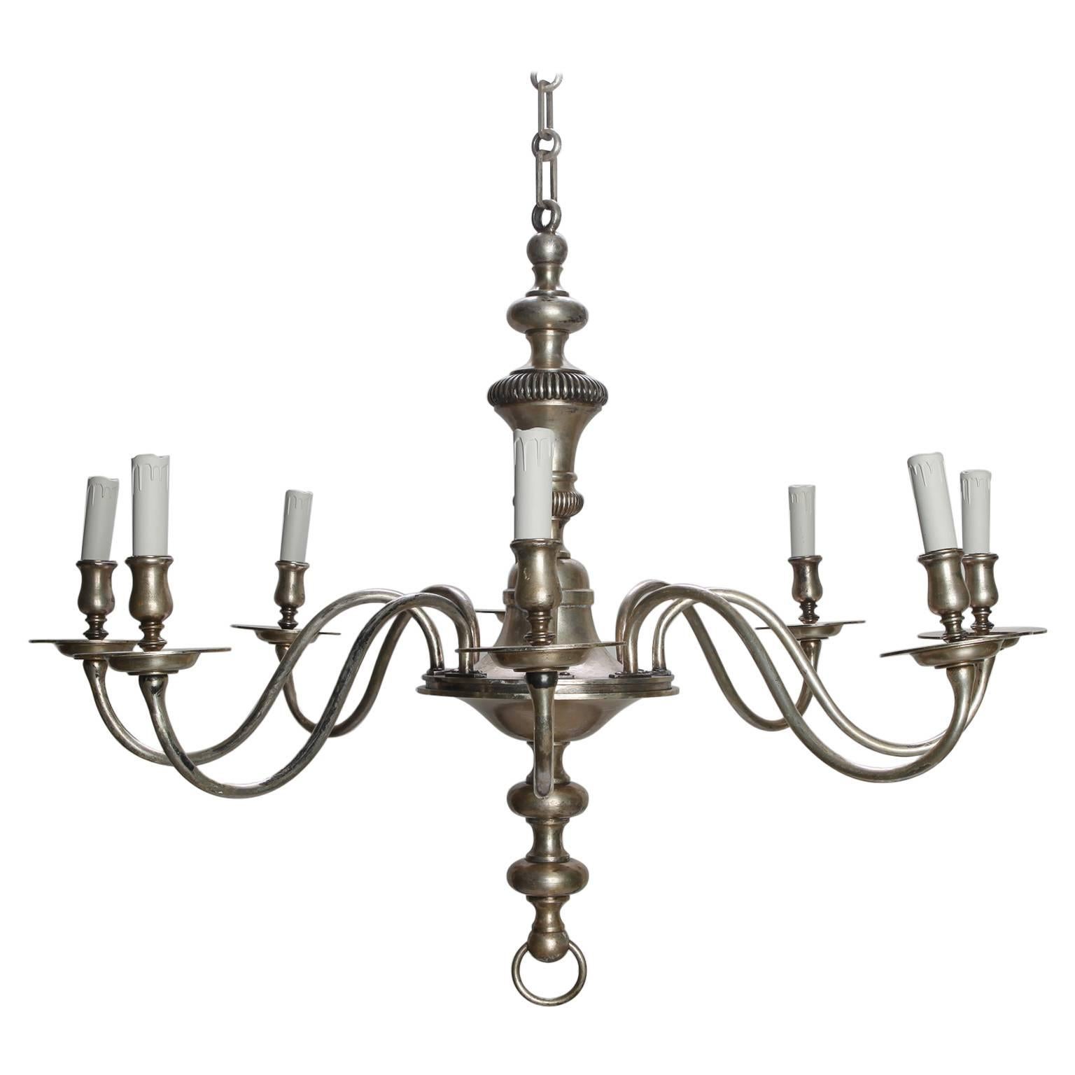 French Eight-Light Silver Metal Chandelier