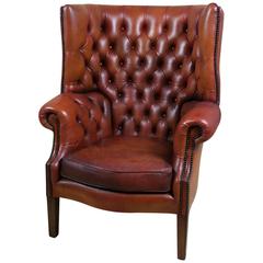 English Edwardian Mahogany Framed Buttoned Wing Armchair