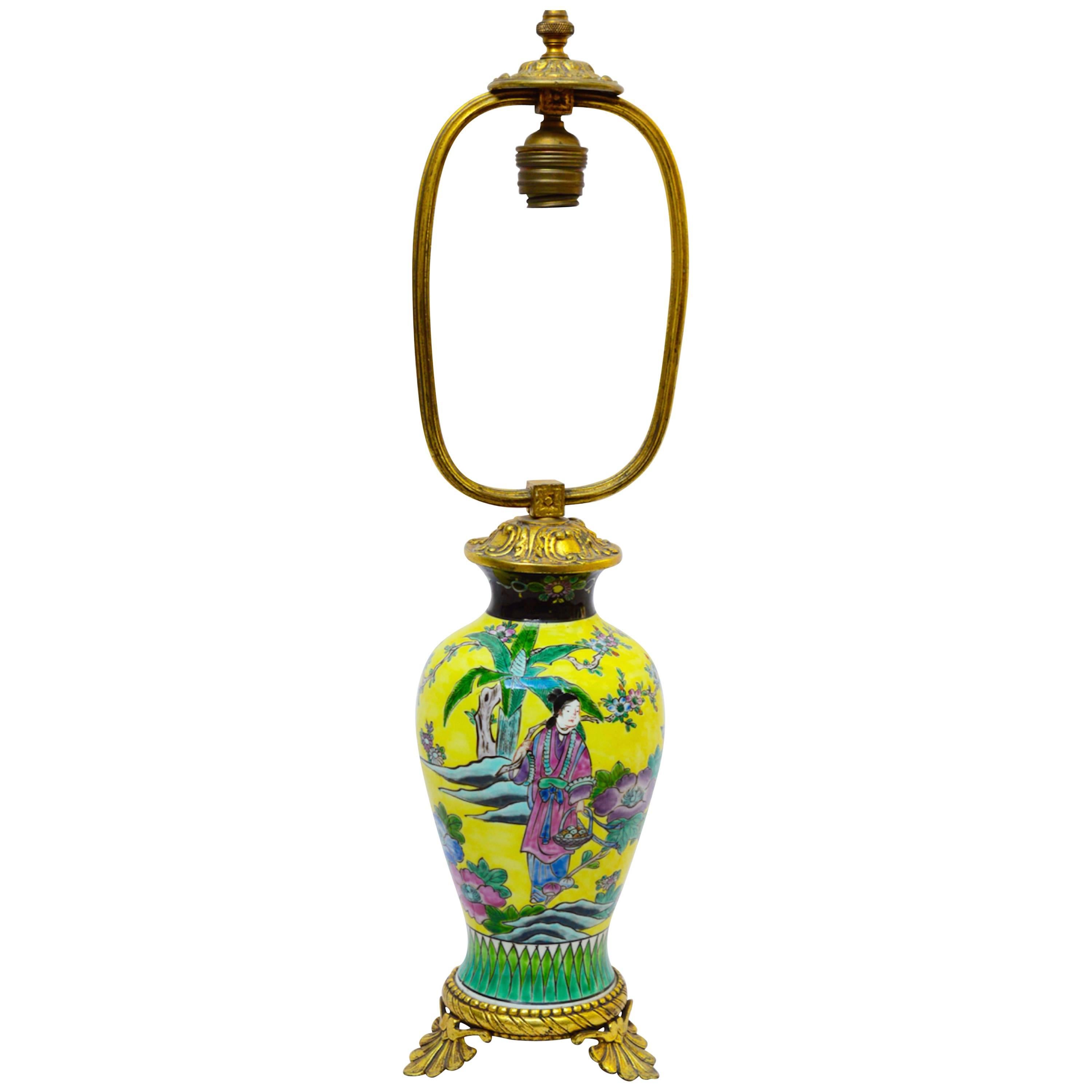 French Yellow Chinese Export  Vase Converted into a Lamp with Bronze Mounts