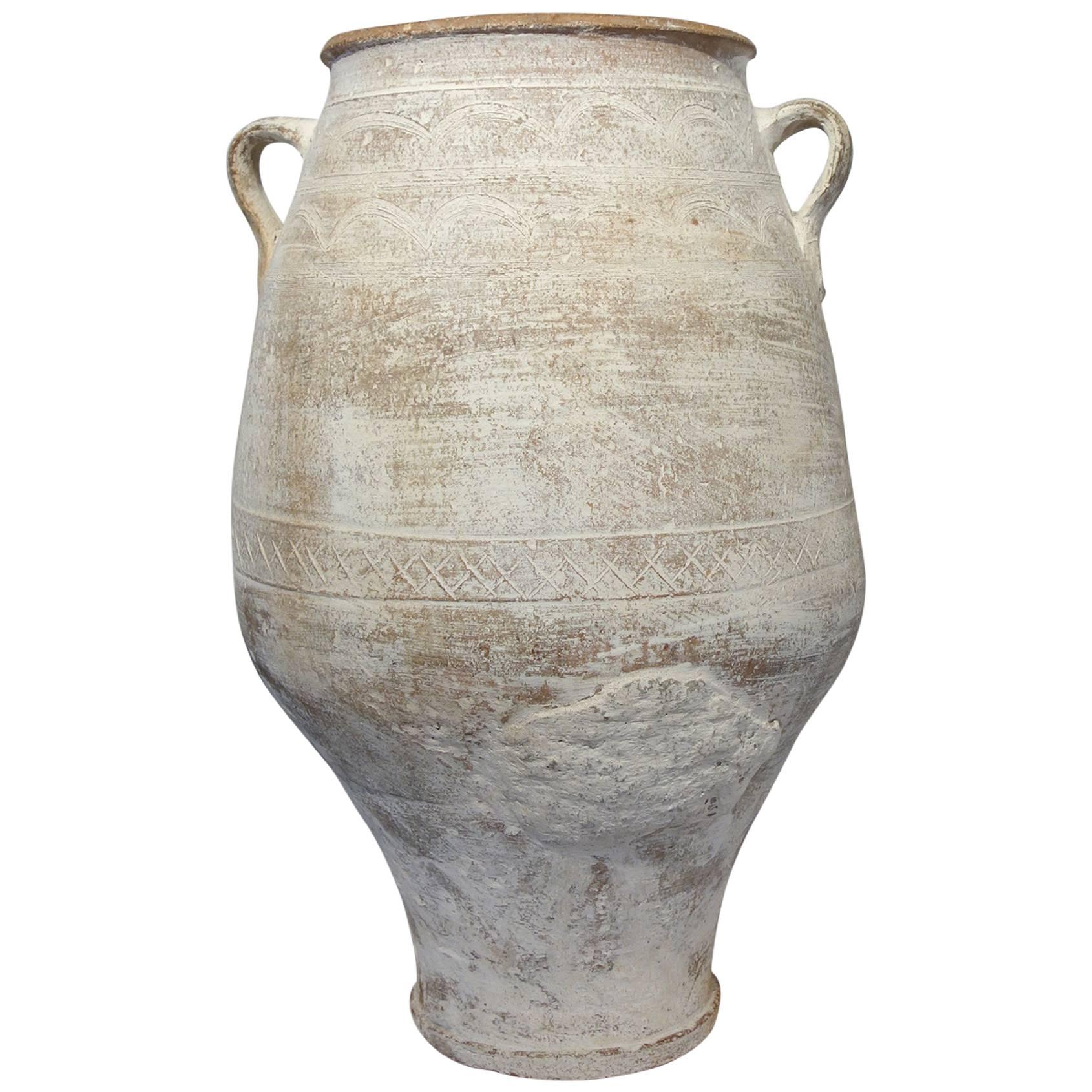 19th Century Mediterranean Terracotta Amphora Jar with White Patina and Handles
