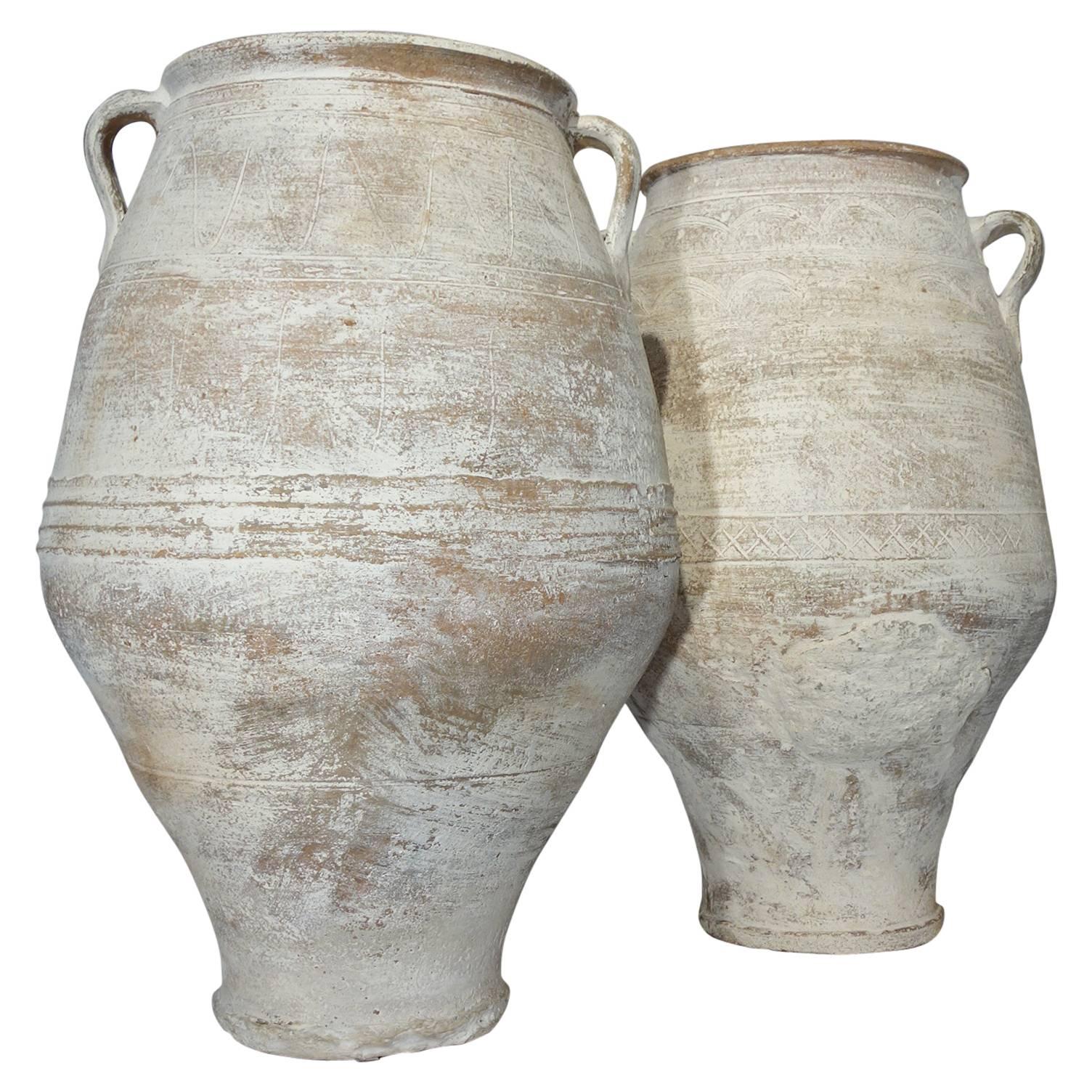 19th Century Mediterranean Terracotta Water Amphora Jar, White Patina, Pair