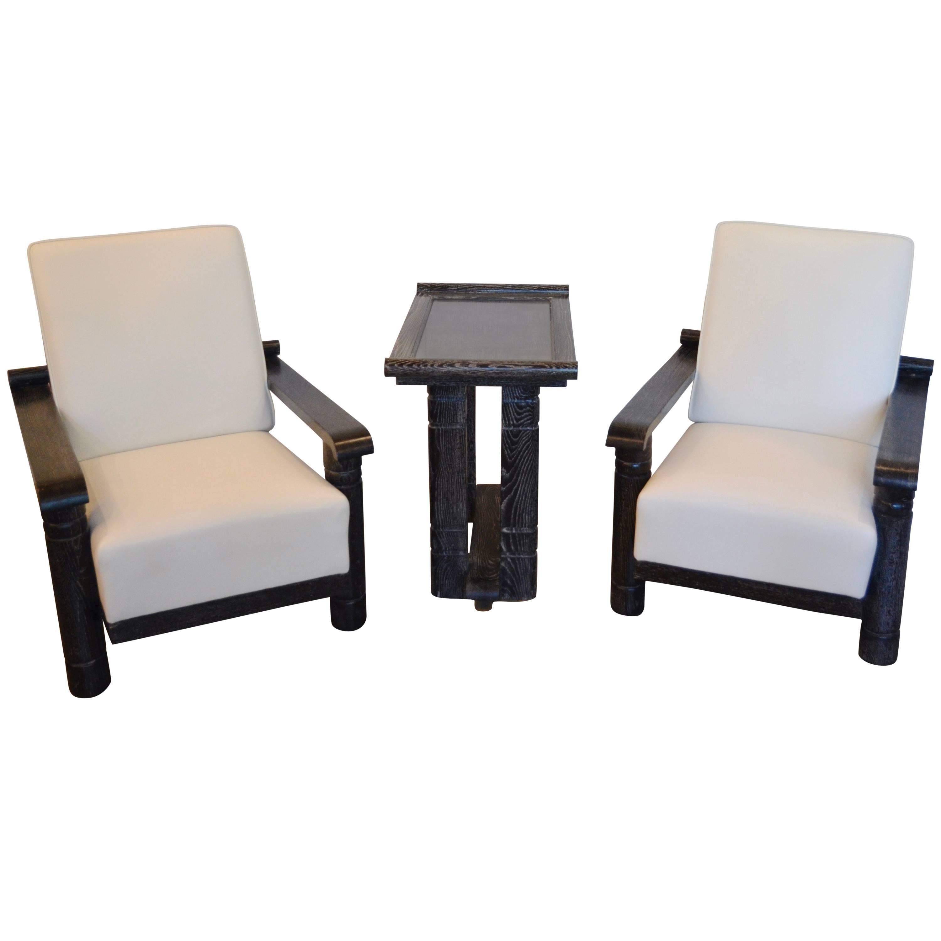 French Ebonized and Cerused Oak Chairs and Side Table, style of Jacques Adnet