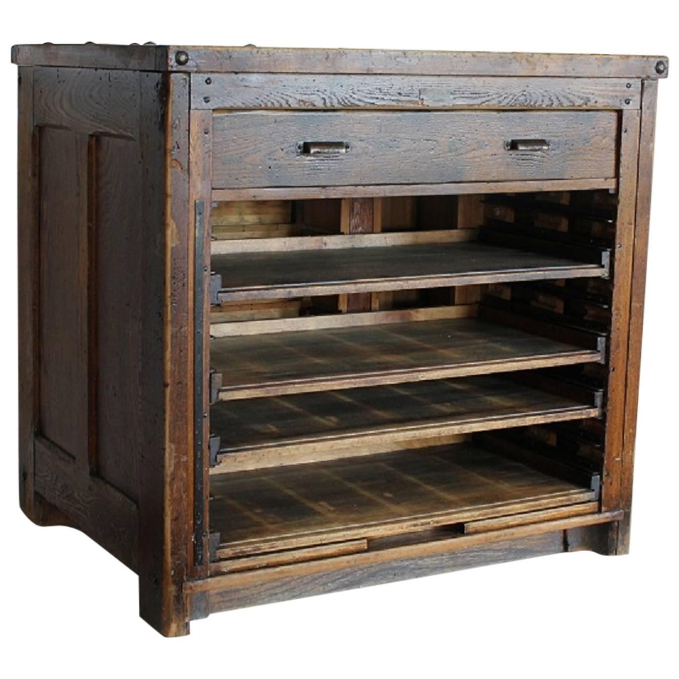 Antique American Printer Wood Cabinet For Sale