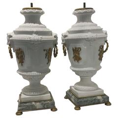 Pair of French Ormolu-Mounted Sevres Biscuit Urns, 19th Century