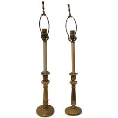 Pair of Gilt Bronze French Second Empire Candlestick Lamps, 19th Century