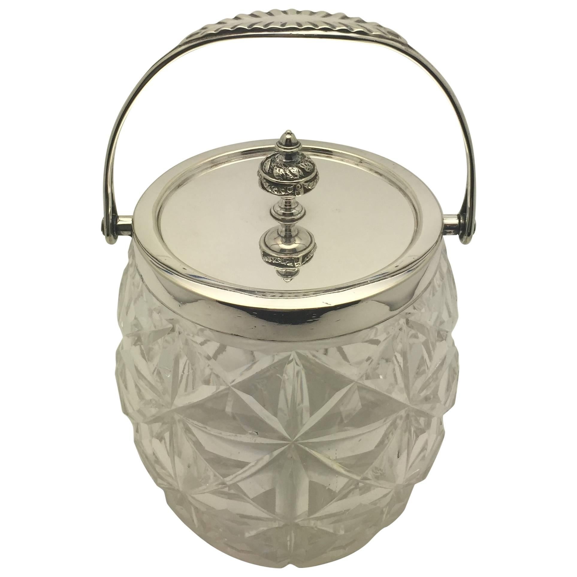 William Hutton & Sons Cut Glass and Silver Plate Biscuit Jar For Sale