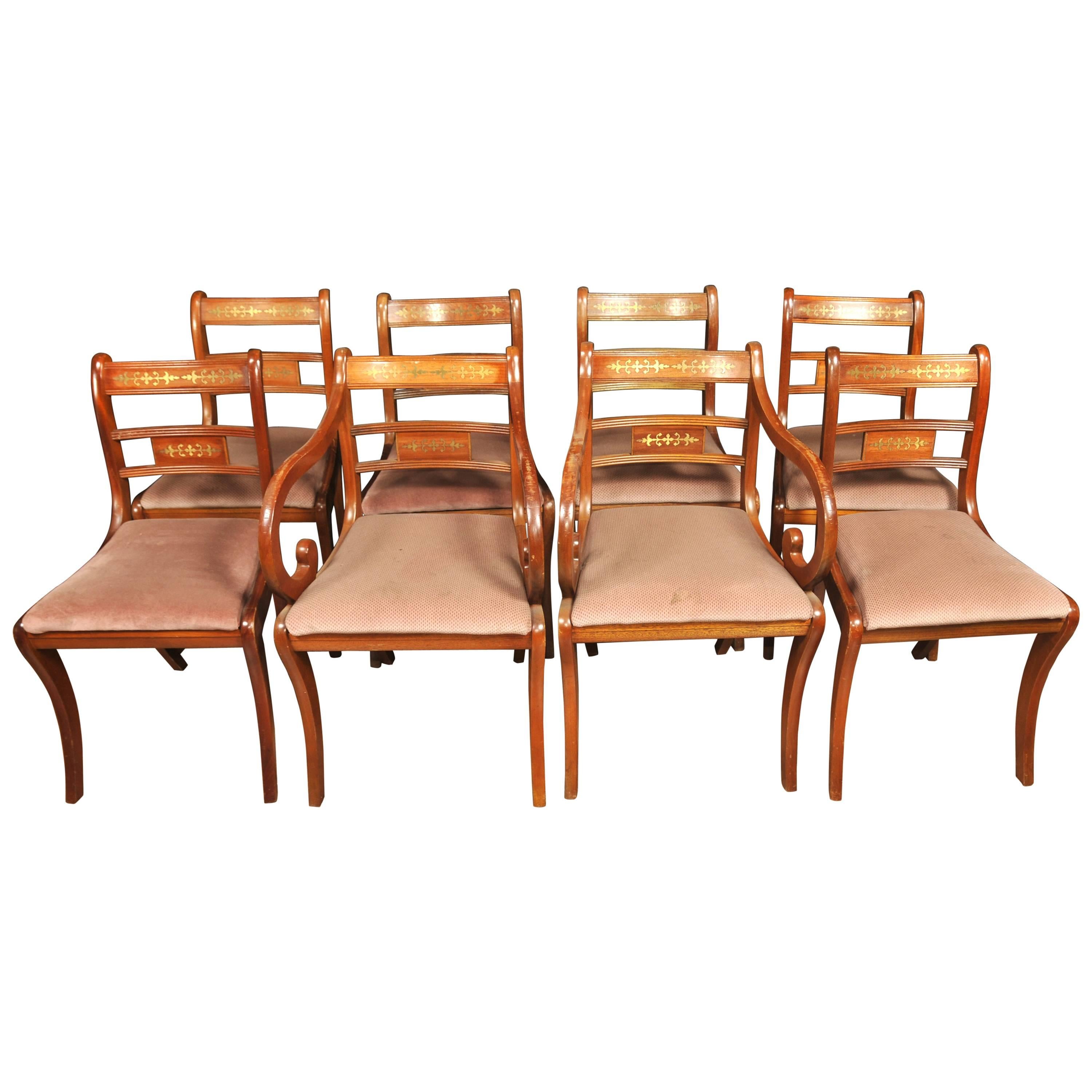 Set Eight Walnut Antique Regency Dining Chairs Brass Inlay For Sale