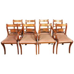 Set Eight Walnut Antique Regency Dining Chairs Brass Inlay