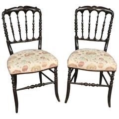 Pair Antique Chinese Black Lacquer Dining Chairs Spindle Back