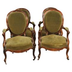 Set of Four French Antique Armchairs Regency Walnut Fauteuils, 1880