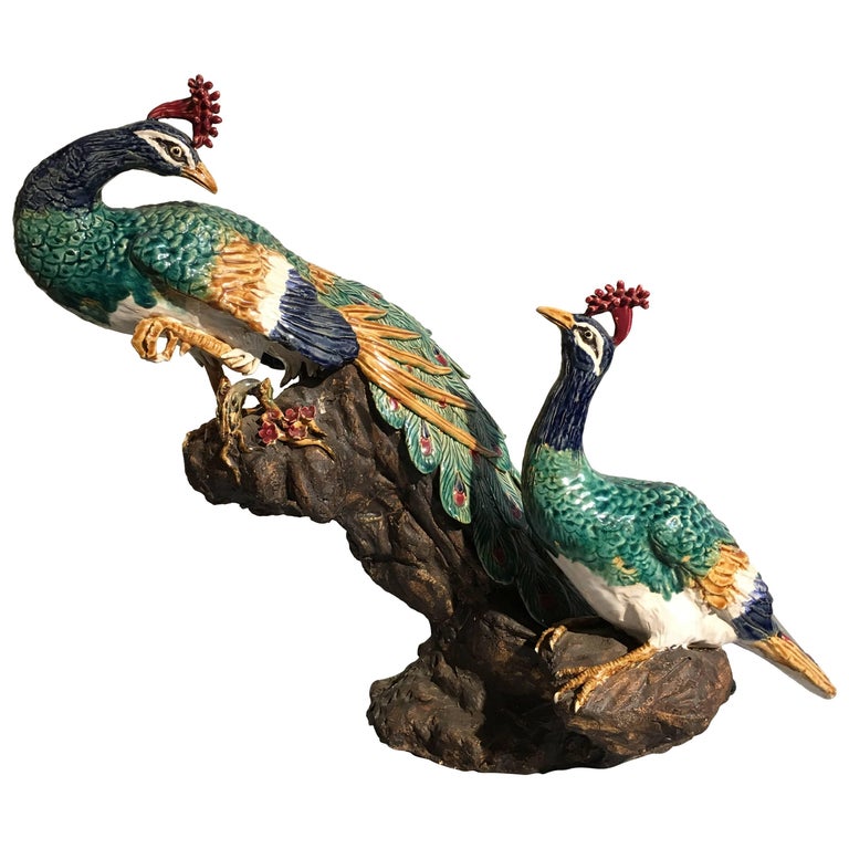 Large Majolica Peacock Sculpture Centerpiece at 1stDibs