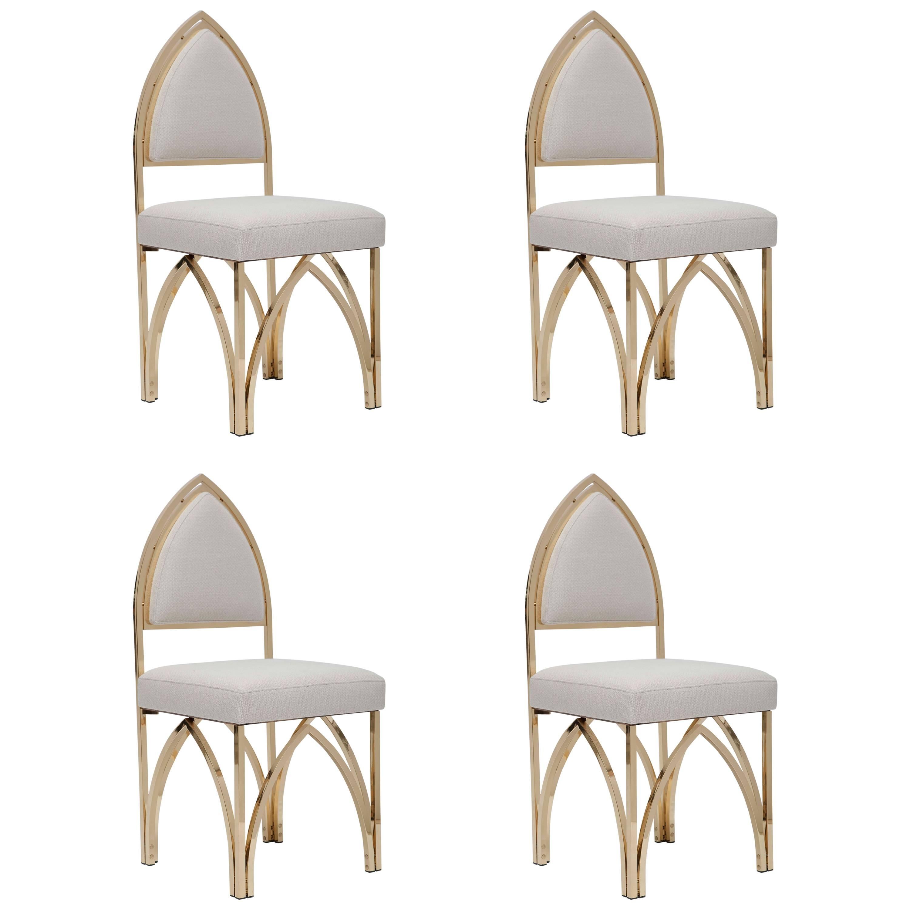 Two Pairs of Gothic Inspired Polished Brass Chairs, Italy Circa 1970