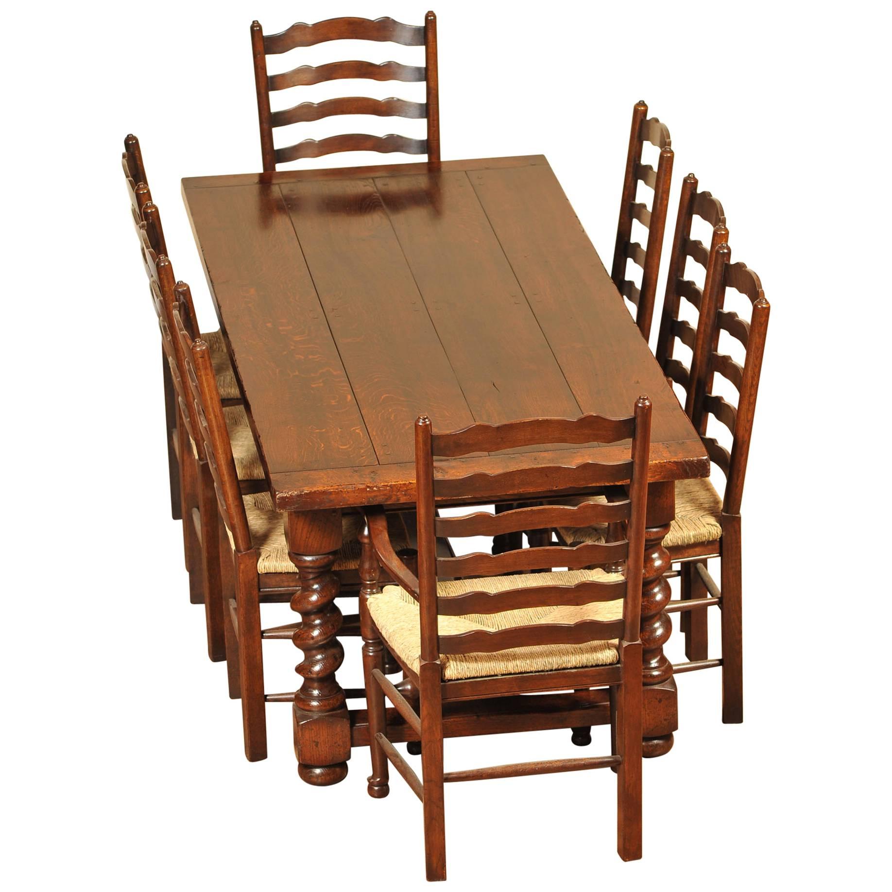 English Oak Barley Twist Refectory Table and Set of Ladderback Chairs For Sale