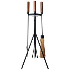 1950s Iron Fireplace Tools on a Tripod Stand