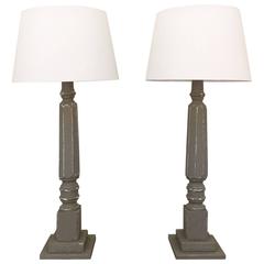 Pair of Antique Wooden Column Table Lamps