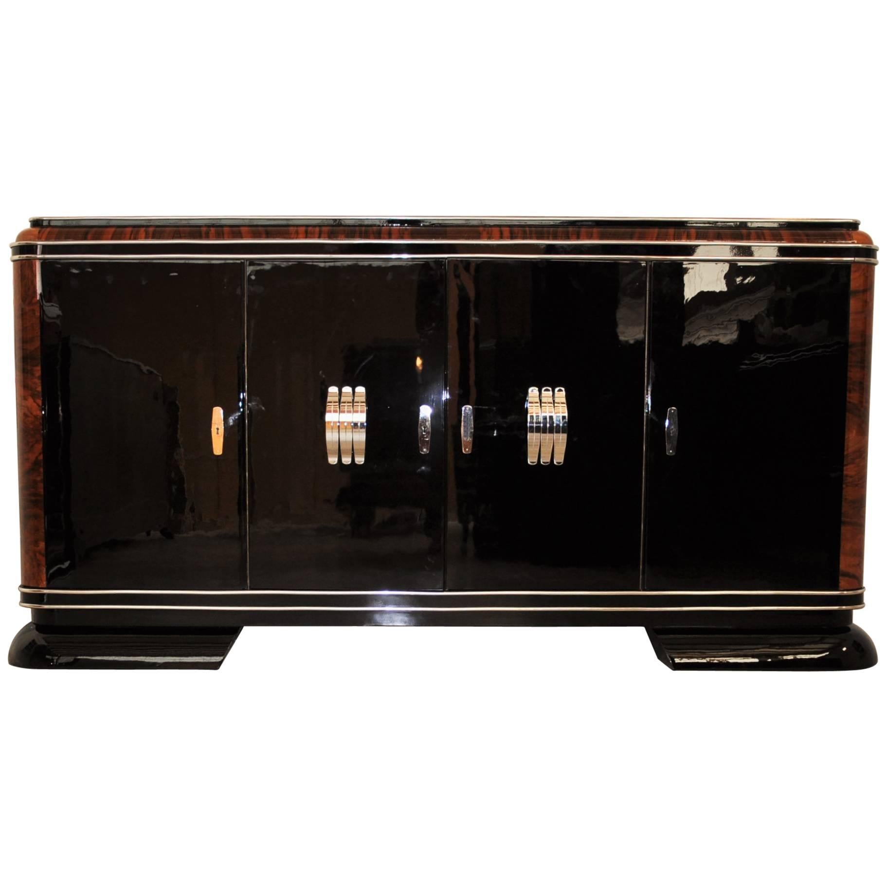 French Art Deco Sideboard with Piano Lacquer and Mahogany Details