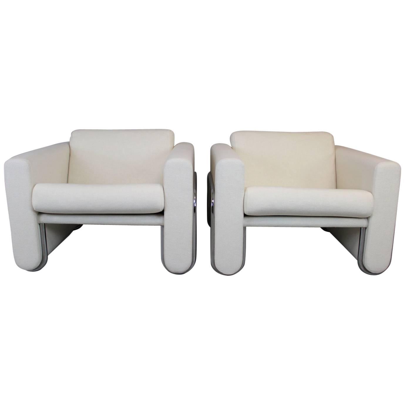 Lecorbusier Style White Club Chairs with Wrap around Stainless Steel Frame