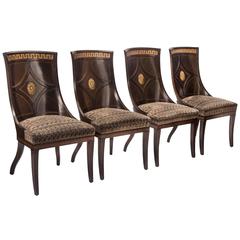 Maison Jansen, Attributed Set of 4 Fumed Oak and Gilt Bronze Mounted Chairs