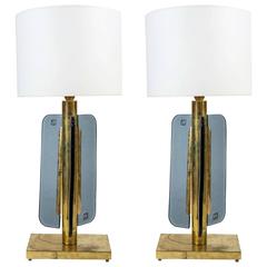 Pair of Brass and Tall Blue Murano Glass Panels Lamps by Seguso