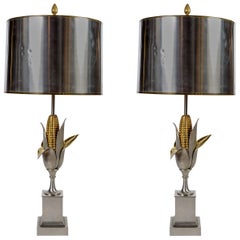 Vintage Pair of Maize Bronze Table Lamps by Maison Charles