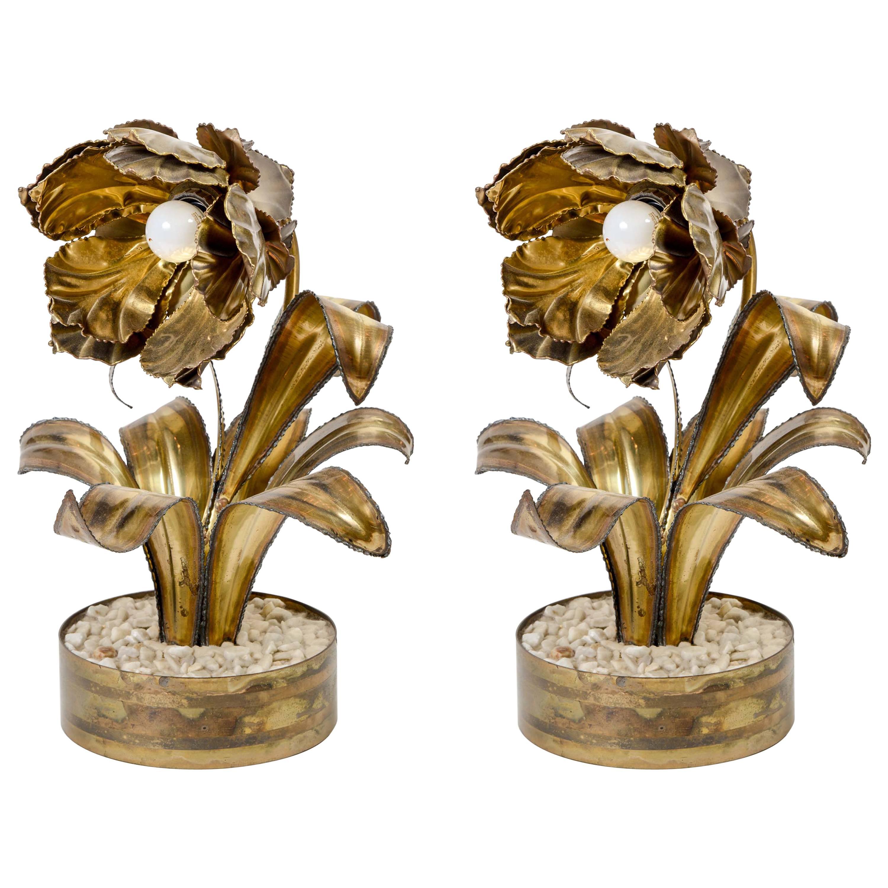 Seltenes Paar Vintage-Blumen-Tischlampen von Maison Jansen im Angebot