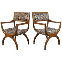 Pair of Empire Style Chairs in Faux Leopard and Zebra