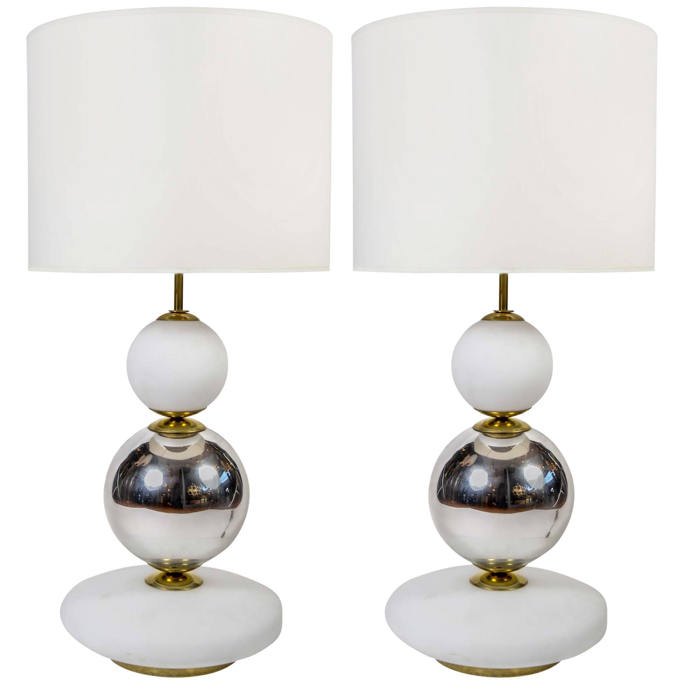 White and Chrome Pair of Glass Table Lamps
