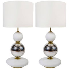 White and Chrome Pair of Glass Table Lamps