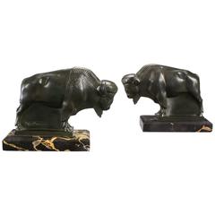 Max Le Verrier, Pair of French Art Deco Patinated Bronze and Marble Bison