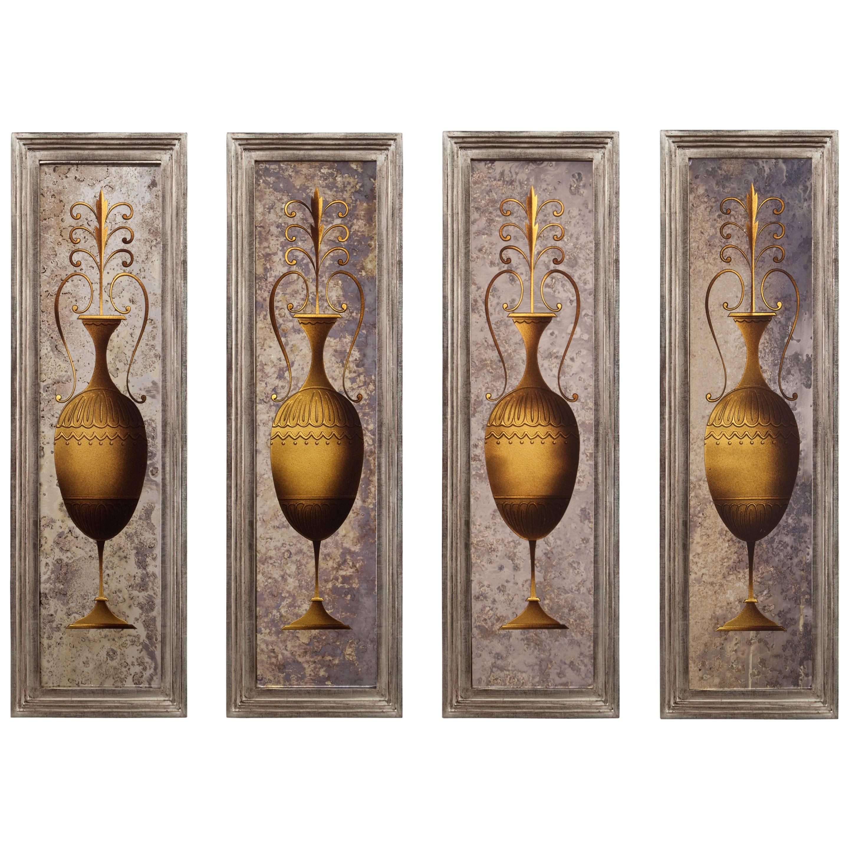 Rare Set of 4 French Verre Églomisé Panels