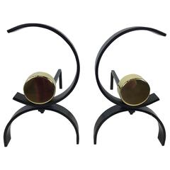 Pair of Iron and Brass Andirons by Donald Deskey 1