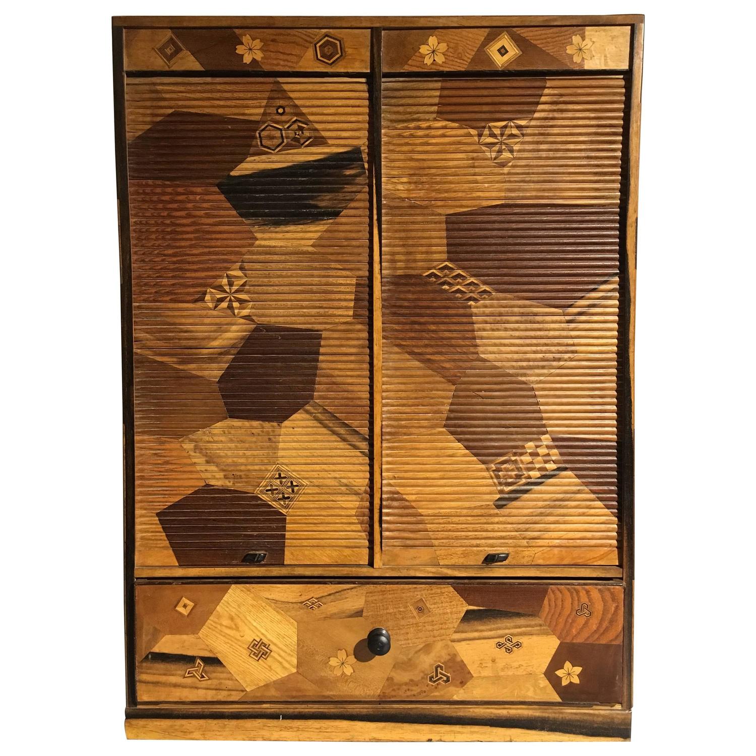 Japanese Art Deco Marquetry Roll Top Desk Hutch For Sale at 1stdibs
