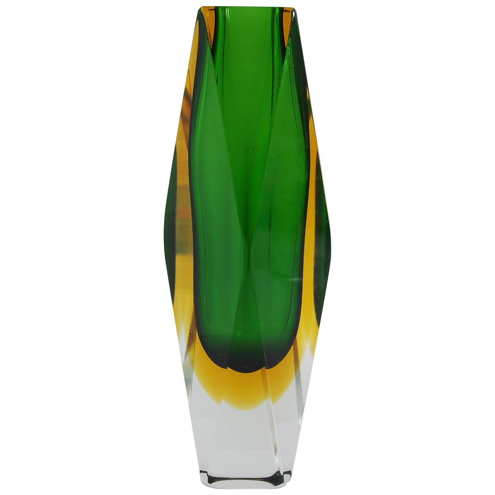 Italian Murano Glass Green and Yellow Sommerso Faceted Vase by Mandruzzato